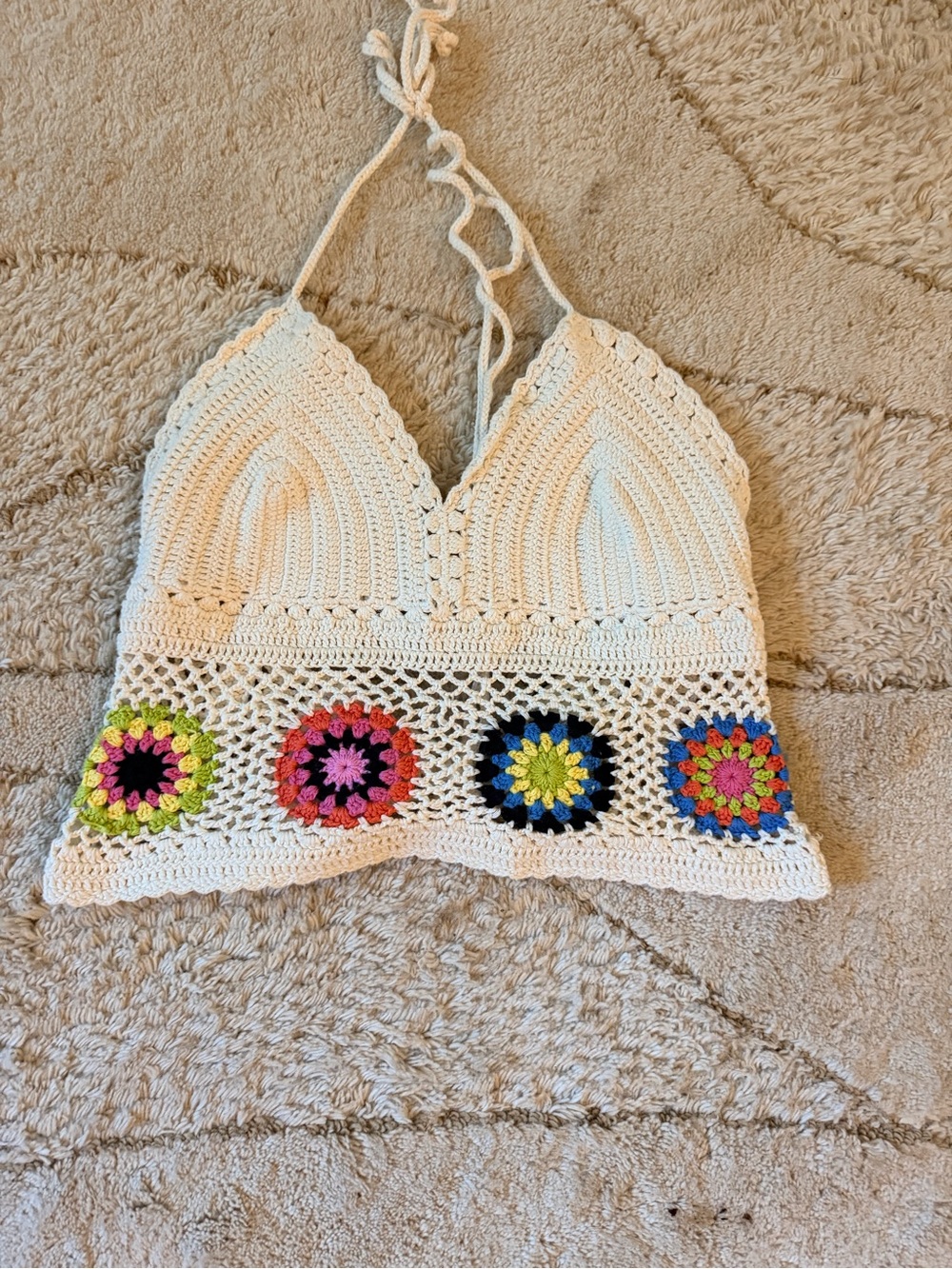 Handmade Cream Crochet Halter Camisole with Multicolor Granny Accents